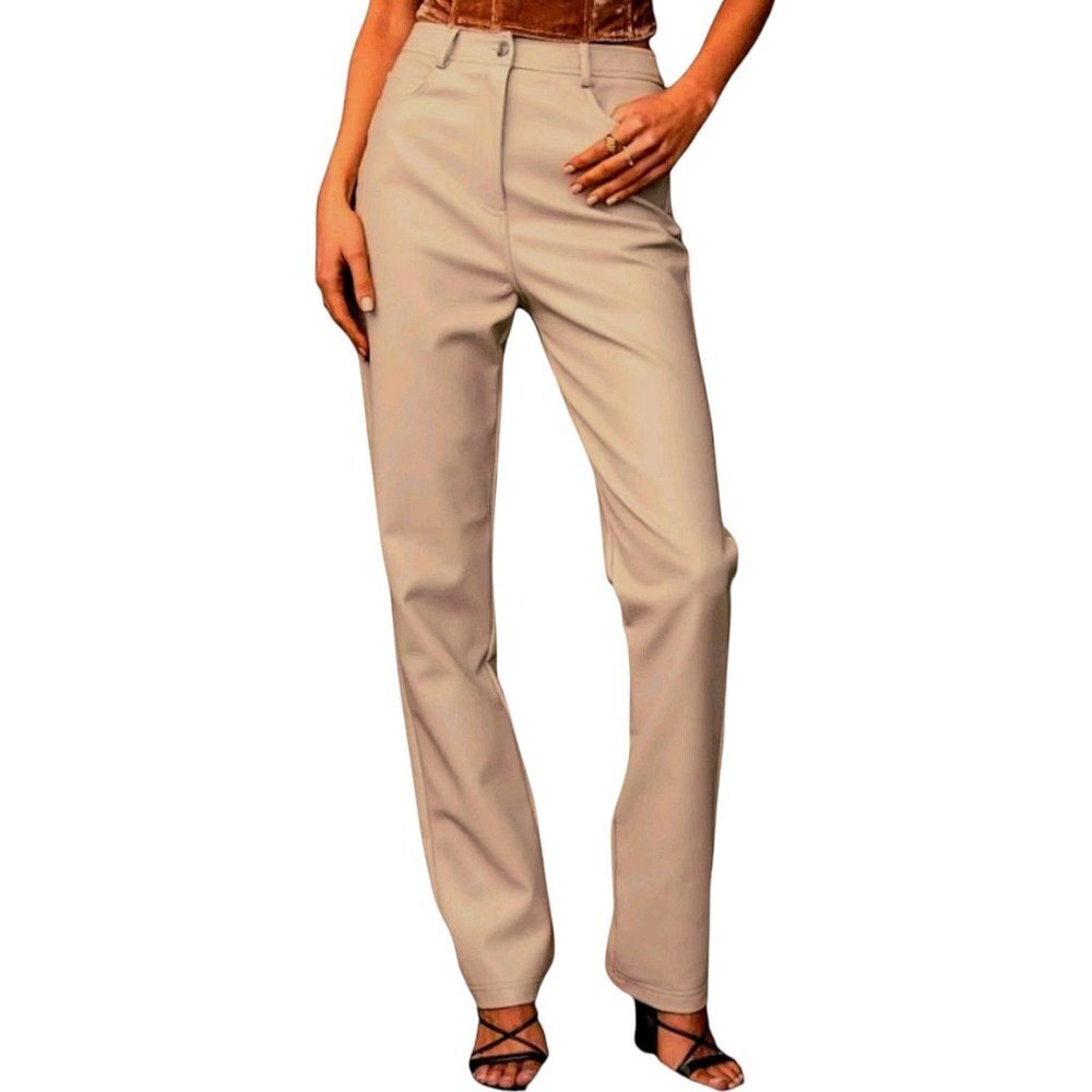 12TH TRIBE Riley Faux Leather Pants Beige Vegan Straight Leg High‎ Waist Y2K 90s